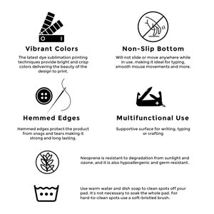 May include: An informational graphic with icons and text describing product features. The icons include a color palette, a hand, a button and needle, a multi-tool, a plant, and a washing symbol. The text describes vibrant colors, a non-slip bottom, hemmed edges, and multifunctional use.