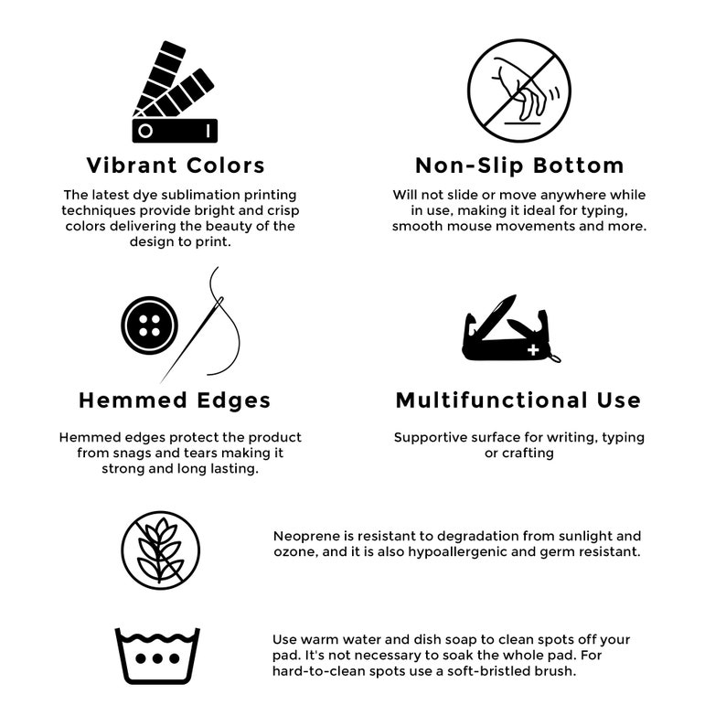 May include: An informational graphic with icons and text describing product features. The icons include a color palette, a hand, a button and needle, a multi-tool, a plant, and a washing symbol. The text describes vibrant colors, a non-slip bottom, hemmed edges, and multifunctional use.