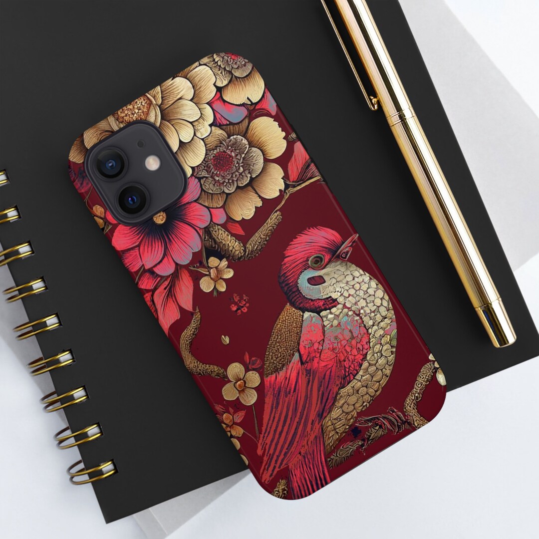 Red & Gold Japanese Aesthetic iPhone Case Featuring Red Bird and Golden