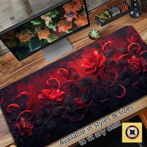 Lofi Desk Mat, Gothic Flowers in Black and Red Mousepad XL Gaming Mouse Pad, Cute Goth Desk Decor, Goth Playmat  , Gift for Girlfriend