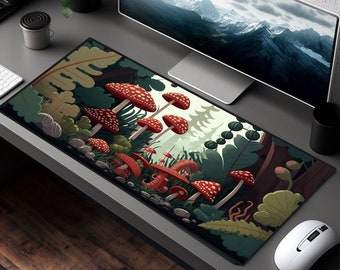 Mushroom Forest Extended Desk Mat Set - 31.5" Large Mouse Pad With Wrist Rest & Coaster