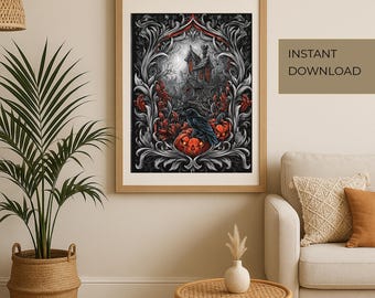 Enchanted Halloween Manor - Instant Download - Gothic Crow, Pumpkin, and Haunted House Art Print