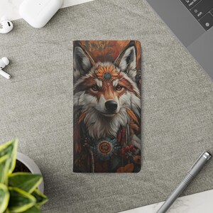 Funda tipo folio para iPhone con diseño de zorro tribal - Galaxy Phone Waller - Funda de cuero vegano para teléfono móvil - Arte de animales espirituales inspirado en los nativos americanos