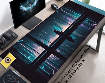 Cyberpunk Cat Watching City, Lo Fi Mousepad, Cyberpunk Desk Mat, City Desk Pad, Skyline Mouse Pad, Fantasy Playmat, Gaming Play Mat