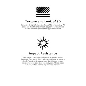 Pu&ograve; includere: Un'illustrazione in bianco e nero di una superficie testurizzata e una stella a forma di esplosione. Il testo 'Texture and Look of 3D' e 'Impact Resistance' si trova sotto le illustrazioni. Il testo descrive le caratteristiche di una custodia per telefono.