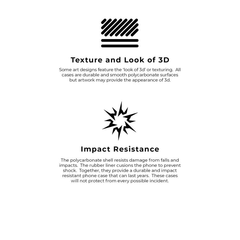 Pu&ograve; includere: Un'illustrazione in bianco e nero di una superficie testurizzata e una stella a forma di esplosione. Il testo 'Texture and Look of 3D' e 'Impact Resistance' si trova sotto le illustrazioni. Il testo descrive le caratteristiche di una custodia per telefono.