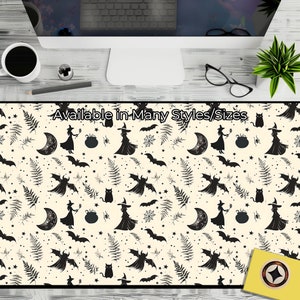Aesthetic Witchy Desk Decor, Cute Witch Office Accessory, Witch, Cauldron, Cat, Bat, Moon, Spider, Ferns, Desk Mat, Mouse Pad, Keyboard Pad