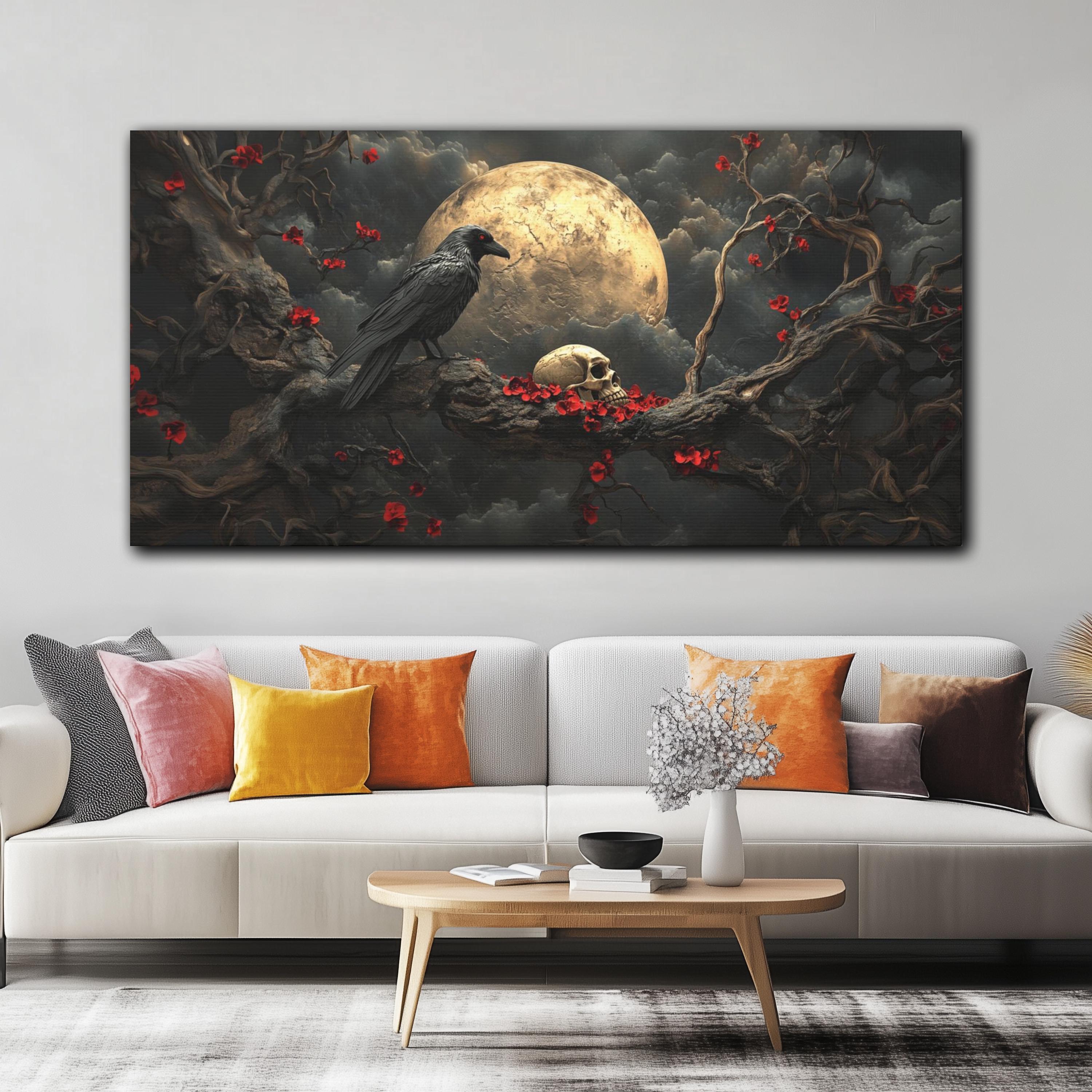 Dark and Moody Gothic Wall Canvas Art Print - Crow, Skull, Twisted