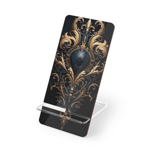 Fantasy Ornate Black and Gold Gothic Phone Stand, iPhone Display Stand, Phone Desk Stand, Phone Desk Display, Cell Phone Stand