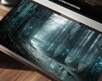 Pode incluir: Uma impressão de arte digital azul escuro e verde de uma floresta nebulosa com luzes brilhantes. A impressão apresenta um caminho que leva à floresta com árvores de cada lado. A impressão tem um design de placa de circuito digital nas bordas.