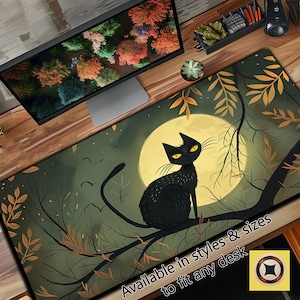 Grün Ästhetische Witchy Katze Schreibtischunterlage, Niedliche Katze Schreibtisch Dekor, Vollmond Katze Mousepad, Kitty Maus Pad, Katzen Sachen, Katzen Geschenke