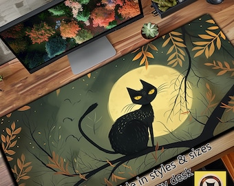 Green Aesthetic Witchy Black Cat Desk Pad, Cute Black Cat Desk Decor, Full Moon Cat Mousepad, Kitty Mouse Pad, Cat Stuff, Cat Gifts