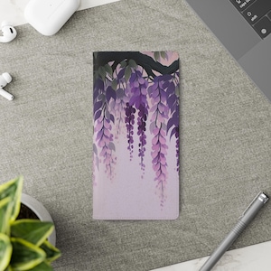 Cartera de cuero vegano para iPhone - Arte de glicina morada - Bonita funda tipo folio para teléfono móvil - Bonita funda tipo libro para teléfono inteligente para iPhone o Galaxy