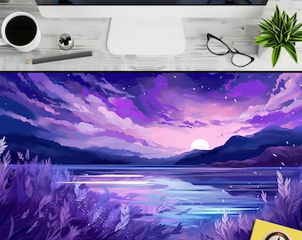 Pastel Anime Sunset Desk Mat, Manga Style Mountain Lake Mouse Pad, Kawaii Floral XL Workspace Decor, Cute Japanese Desk Accessories