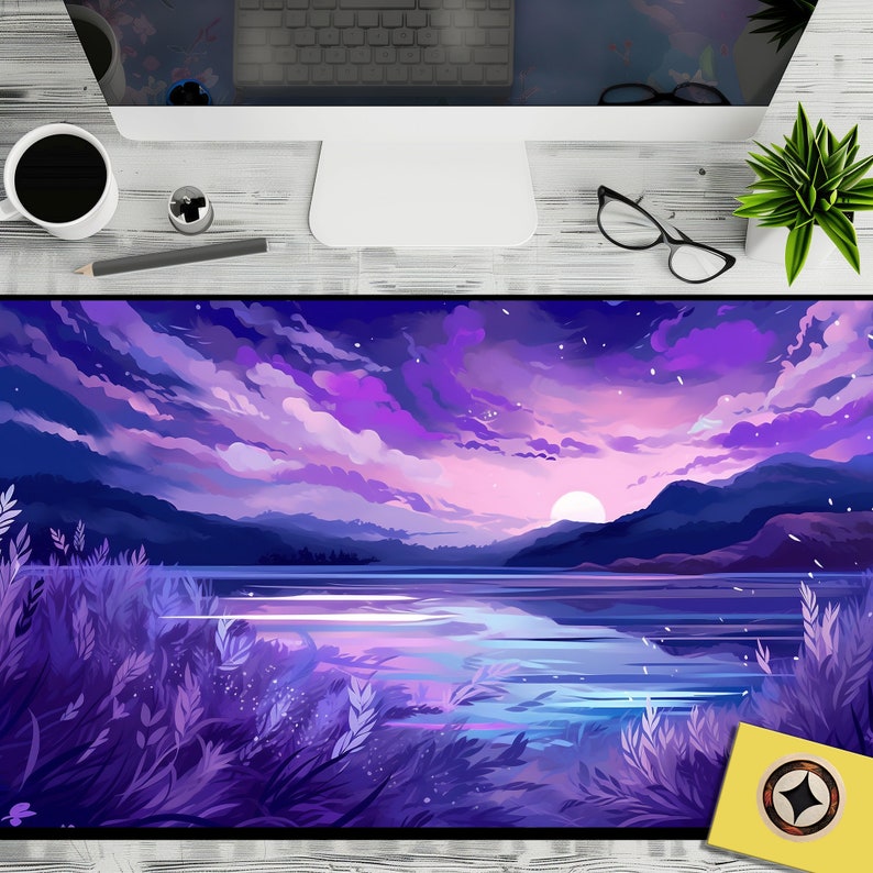 Pastel Anime Sunset Desk Mat, Manga Style Mountain Lake Mouse Pad, Kawaii Floral XL Workspace Decor, Cute Japanese Desk Accessories image 1