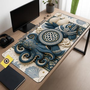 May include: A rectangular desk mat measuring 18x36 inches featuring a blue octopus and fish illustration with cream-colored shells and Celtic-style knot patterns on a light background. The design includes intricate gold accents and decorative motifs.
