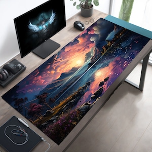 May include: A colorful sunset over a lake with mountains in the background. The image is a digital illustration and is perfect for a desk mat or mouse pad.