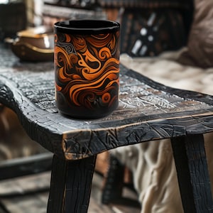 Pode incluir: Uma caneca de café preta com um design abstrato laranja e preto. A caneca está sobre uma mesa de madeira escura.