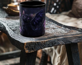 Fantasy Gothic Ferry Cat Mug - Dark Romantic Cat Coffee Mug - 11oz or 15oz Black Ceramic Mug