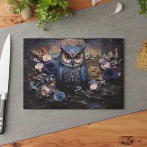 Glass Cutting Board, Unique Kitchen Gifts, Cottagecore Chef Gift, Owl Art Kitchen Decor, Owl Cutting Board