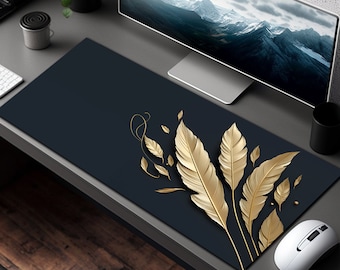 Elegant Simplicity Navy Blue and Gold Leaf Desk Mat Mouse Pad, Extra Large Mousepad, Minimalist Desk Pad, Aesthetic Desk Decor