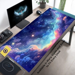 Pastel Anime Space Desk Mat, Nebula View, Cute Aesthetic Stars and Galaxies, Large Deep Dark Blue Cosmos Mouse Pad