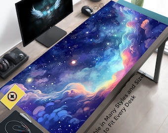Pastel Anime Space Desk Mat, Nebula View, Cute Aesthetic Stars and Galaxies, Large Deep Dark Blue Cosmos Mouse Pad