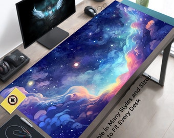 Pastel Anime Space Desk Mat, Nebula View, Cute Aesthetic Stars and Galaxies, Large Deep Dark Blue Cosmos Mouse Pad