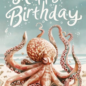 Leuke octopus gelukkige verjaardagskaart, octopus verjaardagskaart, beachy verjaardag, oceaanverjaardag, kaart direct downloaden, thuis afdrukken kaartontwerp