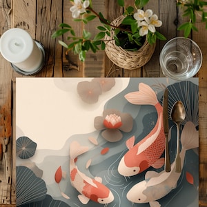 Koi Fish Pond Placemats: Japanese Dining Table Decor, 18x14&quot;