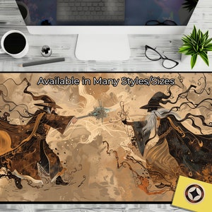 May include: Two wizards in black and brown robes are facing each other, casting spells with glowing staffs. The background is a swirling, abstract design in shades of brown and gold. The text "Available in Many Styles/Sizes" is at the top of the image.