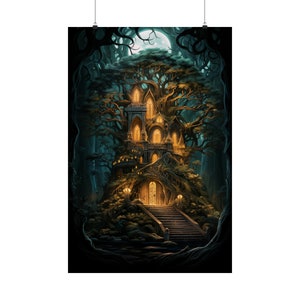 Whimsical Fantasy Treehouse Poster, Treehouse Wall Decor, Fantasy Wall Art, Frameable Poster