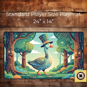 May include: A rectangular playmat with a whimsical design featuring a goose wearing a top hat, set in a forest with smiling trees. The mat is 61 cm x 36 cm.