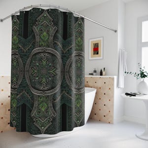 May include: A dark green and gray shower curtain with an ornate, repeating pattern. The design features stylized floral and geometric elements, creating a vintage or gothic aesthetic. The curtain is hanging in a bathroom setting.