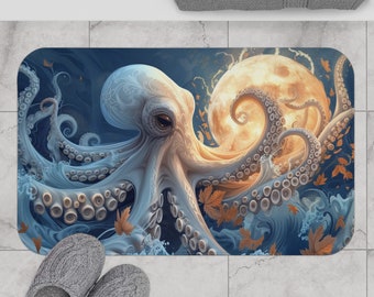 White Octopus Bathroom Rug, Beach Home Bath Rug, Beachy Bath Mat, Nautical Entryway Rug, Octopus Kitchen Rug