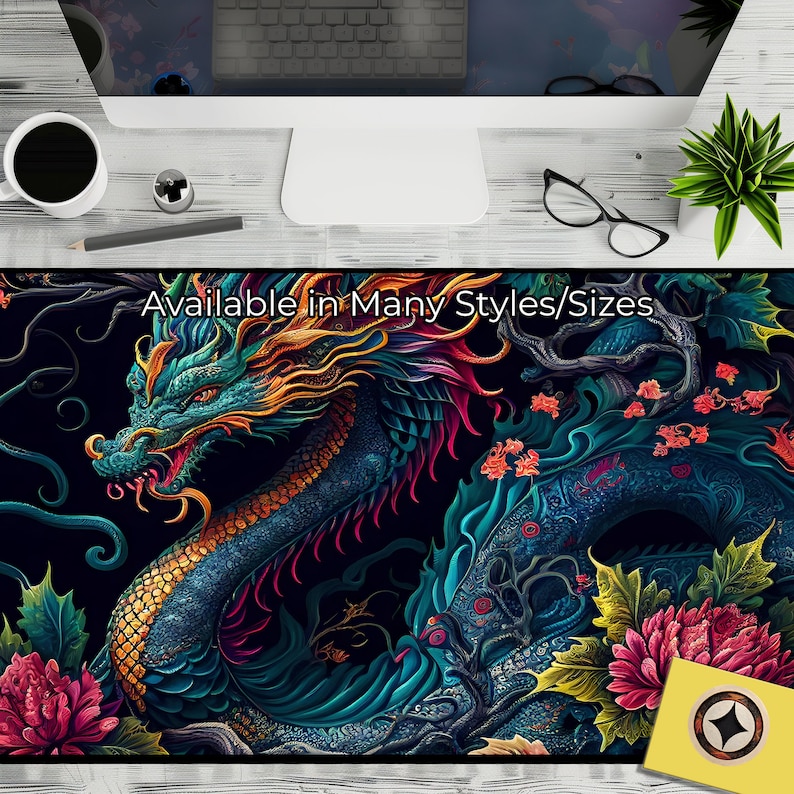 May include: A colorful, detailed illustration of a blue dragon with gold accents, surrounded by vibrant flowers and foliage. The text "Available in Many Styles/Sizes" is displayed at the top of the image.