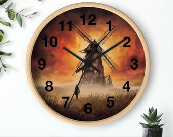 Arte rústico de molino olvidado: reloj de pared redondo de 25 cm con un molino de viento desmoronado en un prado con cielos misteriosos.