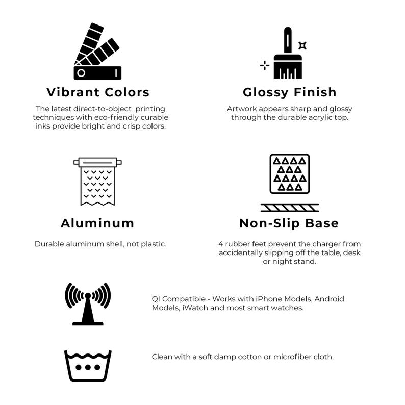 May include: A black and white illustration of a phone charger with a glossy finish, a non-slip base, and a durable aluminum shell. The charger is compatible with Qi-enabled devices, including iPhones, Android phones, and smartwatches. The text "Vibrant Colors" and "Glossy Finish" are also included in the image.