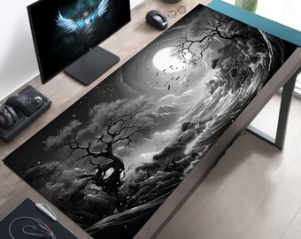 Black and White Desk Mat, Japan Mousepad, Oceanic Passage Gaming Mousepad XL, XXL Deskmat, Japan Mouse Pad, Lofi Desk Mat, Extended Desk Mat