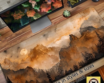 Rustic Mountain Landscape Desk Pad - Medieval Mountains Desk Mat - Earth Tone Desk Decor - Gift for Gamer - Gift for Husband or Boyfriend