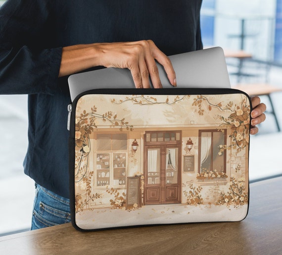 Beige Laptop Bag Featuring Art Nouveau Inspired Cafe With Flowers and Vines iPad Sleeve Cute Laptop Sleeve Etsy