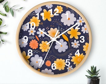 Wanduhr Floral: Blumenmuster, Holzrahmen, 25 cm