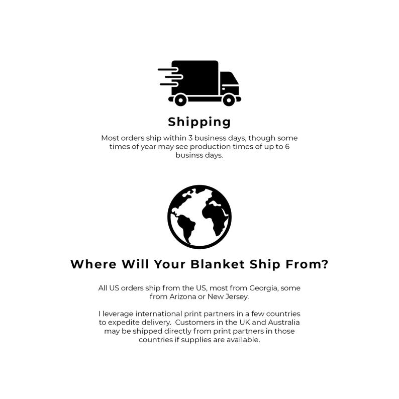 Pu&ograve; includere: Illustrazione di un camion di consegna e di un globo terrestre con il testo "Shipping" e "Where Will Your Blanket Ship From?" La maggior parte degli ordini viene spedita entro 3 giorni lavorativi, anche se in alcuni periodi dell'anno i tempi di produzione possono arrivare fino a 6 giorni lavorativi. Tutti gli ordini italiani vengono spediti dall'Italia, la maggior parte dalla Georgia, alcuni dall'Arizona o dal New Jersey. Collaboro con partner di stampa internazionali in alcuni paesi per accelerare la consegna. I clienti del Regno Unito e dell'Australia possono ricevere i loro ordini direttamente dai partner di stampa di quei paesi se le scorte sono disponibili.