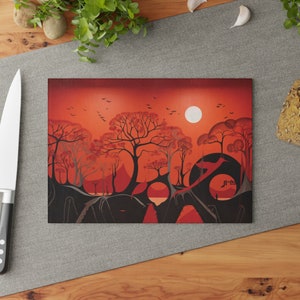 Glass Cutting Board, African Tree Art Chopping Board, African Kitchen Decor, Africa Chef Gifts, Red and Black Meat Cutting Board