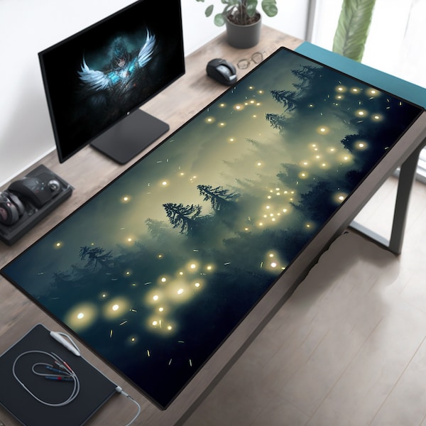 Fantasy Forest Fireflies Desk Mat, Cute Desk Pad