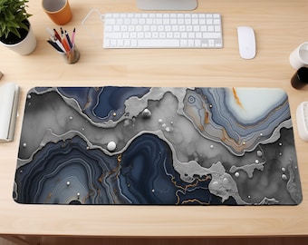 Aesthetic Mousemat, Marble Print Computer Mat, Blue and Gray Desk Mat, Extra Large Mouse Pad, Modern Mousepad XL, Sleek Desk Pad XXL
