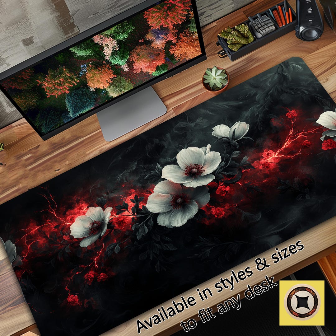 Flower Extended Gaming Mouse Pad Abstract Black Desk Mat 31.5x11.8 Inch Floral Texture Non-Slip Rubber Base Weeds Mousepad Stitched Edges Keyboard - View #2