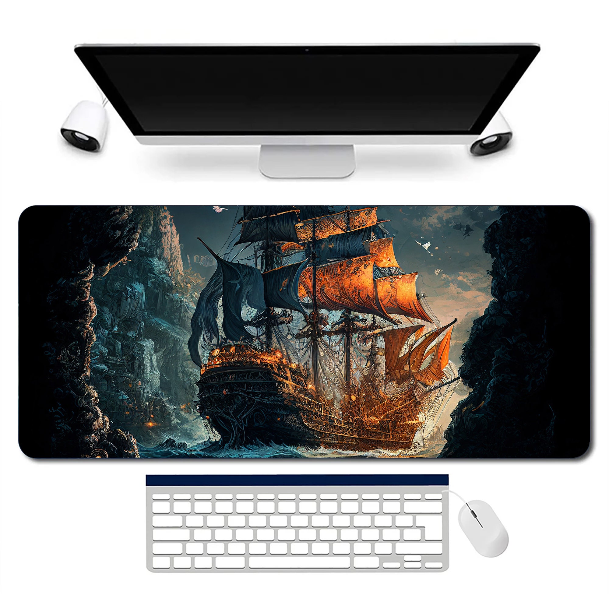 Desk Mat, Fantasy Pirate Ship Large Mouse Pad, Cute Gaming Desk