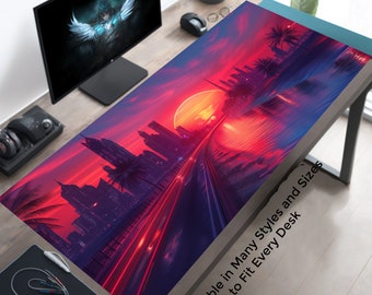 Beach City Sunset, tapis de bureau Synthwave, sous-main Retrowave, tapis de souris gaming XL, tapis de souris gamer XXL, tapis de jeu
