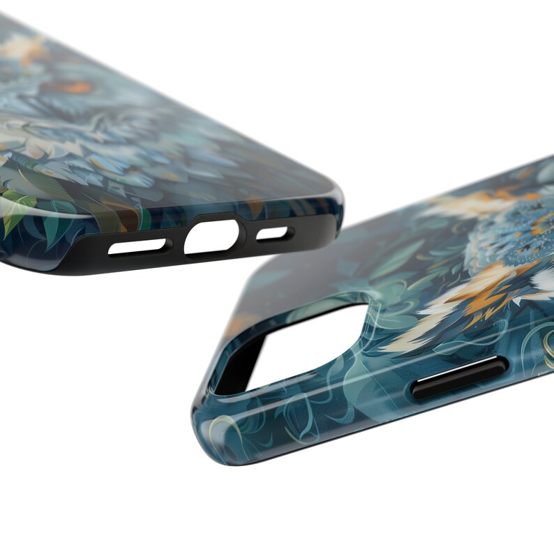 May include: A phone case with a blue and green floral design. The case has a black bumper and cutouts for the camera and buttons.